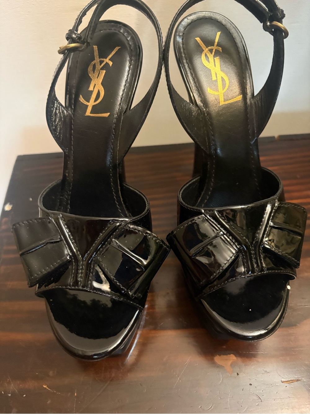 Saint Laurent Black Patent Leather Bow Slingback Heels